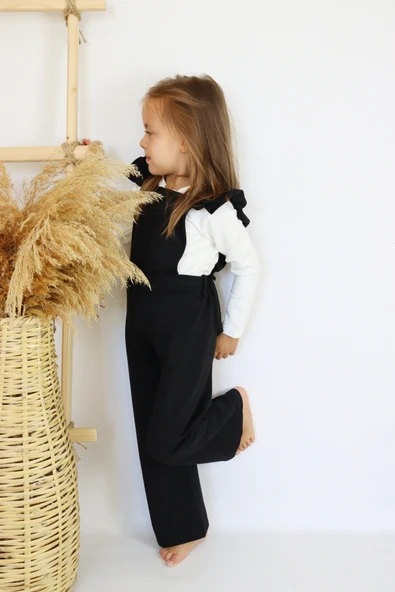Kız Çocuk Berlin Siyah Pamuklu Fırfırlı Bağlama Detaylı Tulum Salopet Toka Takım - Resim 2