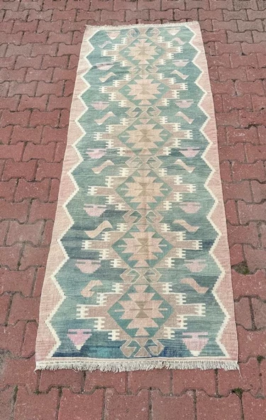 94x247 cm Eski El Dokuma Yeşil Renkli Yolluk Geometrik Desenli Kilim - 2