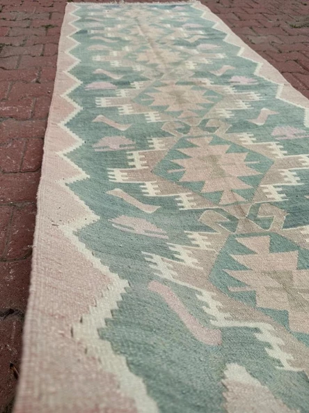 94x247 cm Eski El Dokuma Yeşil Renkli Yolluk Geometrik Desenli Kilim - 5