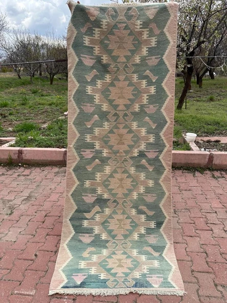 94x247 cm Eski El Dokuma Yeşil Renkli Yolluk Geometrik Desenli Kilim - 3