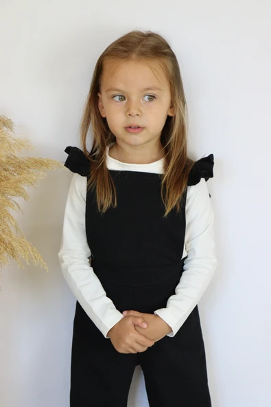 Kız Çocuk Berlin Siyah Pamuklu Fırfırlı Bağlama Detaylı Tulum Salopet Toka Takım - Resim 8