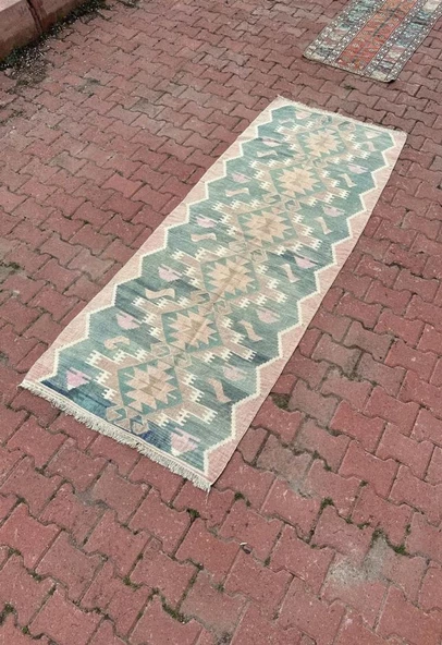 94x247 cm Eski El Dokuma Yeşil Renkli Yolluk Geometrik Desenli Kilim