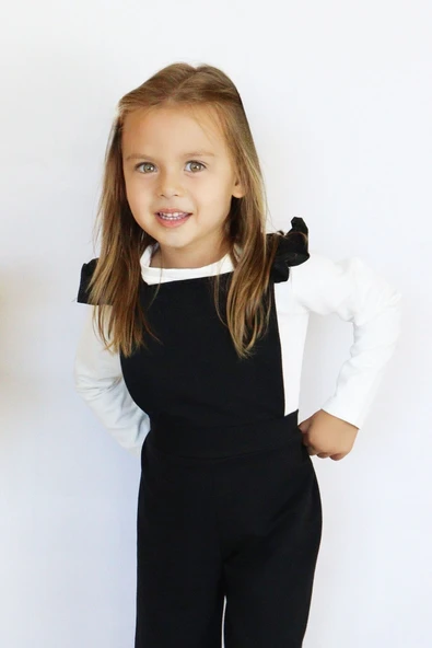 Kız Çocuk Berlin Siyah Pamuklu Fırfırlı Bağlama Detaylı Tulum Salopet Toka Takım - Resim 6