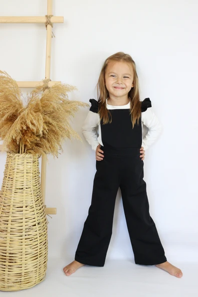 Kız Çocuk Berlin Siyah Pamuklu Fırfırlı Bağlama Detaylı Tulum Salopet Toka Takım - Resim 7