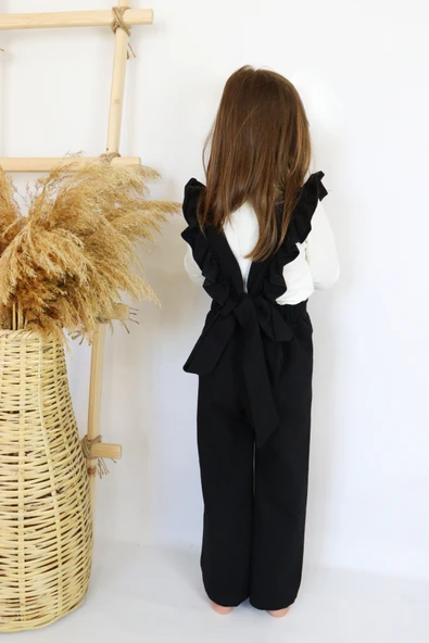 Kız Çocuk Berlin Siyah Pamuklu Fırfırlı Bağlama Detaylı Tulum Salopet Toka Takım - Resim 5