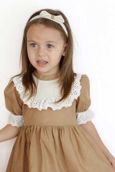 Kız Çocuk Ruby Kahverengi Fırfırlı Dantel Detaylı Kısa Kollu Elbise Bandana Takım ELB-0070.16 - Resim 5