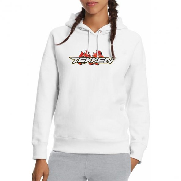 Tekken Logo Baskılı Beyaz Kadın Örme Kapşonlu Sweatshirt Uzun kol