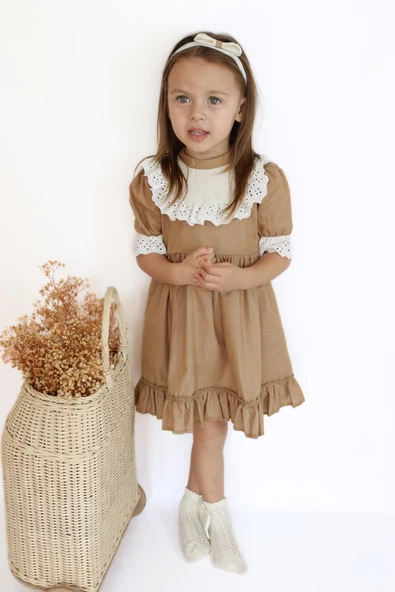 Kız Çocuk Ruby Kahverengi Fırfırlı Dantel Detaylı Kısa Kollu Elbise Bandana Takım ELB-0070.16 - Resim 2