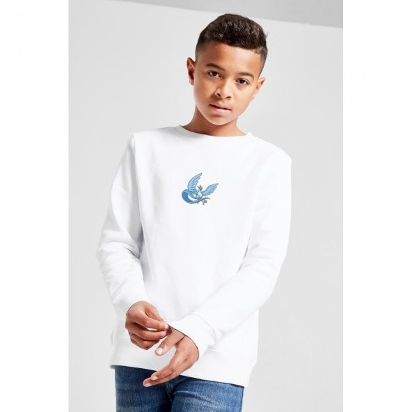 Mavi Kuş Pokemon Karakter Çizimi Articuno Baskılı Unisex Çocuk Beyaz Sweatshirt - 1