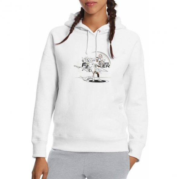 Roger Federer Pic1 Baskılı Beyaz Kadın Örme Kapşonlu Sweatshirt Uzun kol