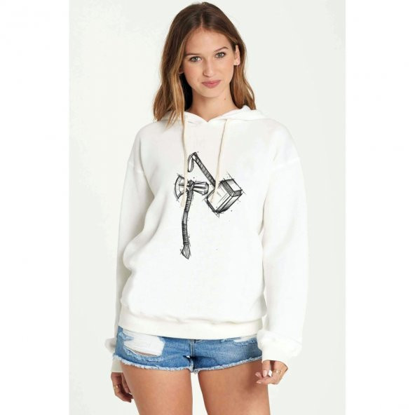 Balyoz Baskılı Beyaz Kadın Örme Kapşonlu Sweatshirt Uzun kol - 1
