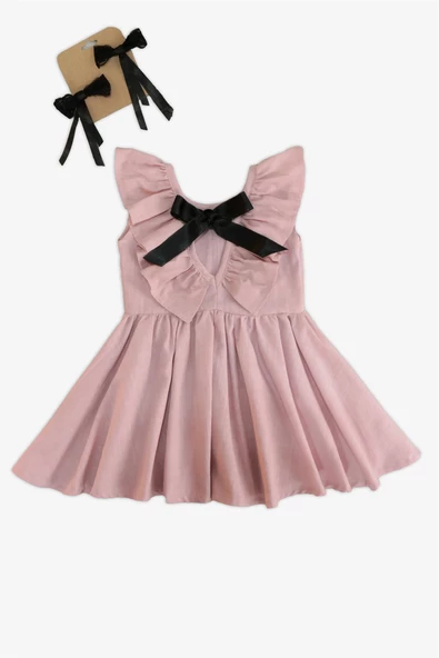 Kız Bebek Pudra Cherry Fiyonklu Fırfırlı Elbise Toka Takım ürün görseli 1