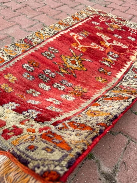 77x127 cm Eski El Dokuma İran Halısı Küçük Boy Kırmızı Renk Yün Kilim - 5