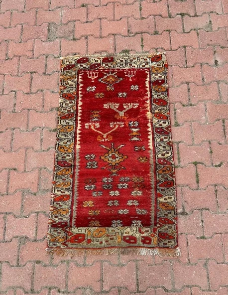 77x127 cm Eski El Dokuma İran Halısı Küçük Boy Kırmızı Renk Yün Kilim - 4
