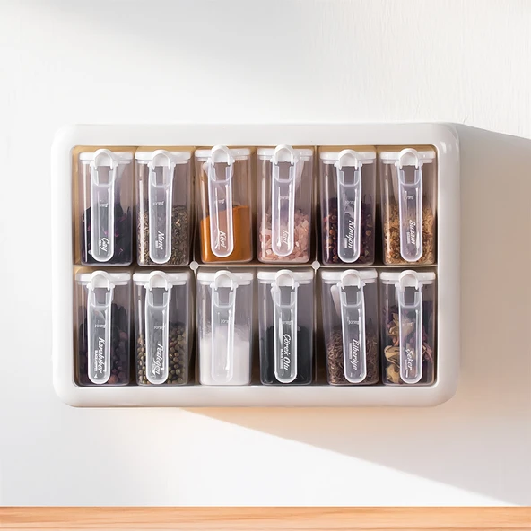Porsima Simple 1168 Random 12'li Standlı Kendinden Yapışkanlı Kaşıklı Kapaklı Baharatlık Saklama Kabı Seti - Beyaz Beyaz - Resim 2