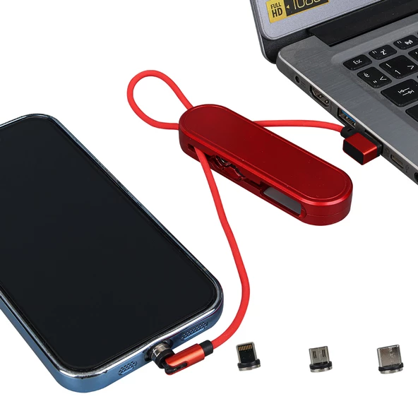 Ayt Powermaster PM-25904 Kırmızı 3in1 Type C- Lightning Micro Usb Manyetik Uç Taşınabilir Şarj Data Kablosu