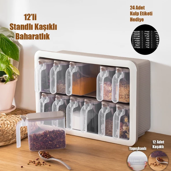 Porsima Simple 1167 Random 12'li Standlı Kendinden Yapışkanlı Kaşıklı Kapaklı Baharatlık Saklama Kabı Seti - Cappuccino Beyaz