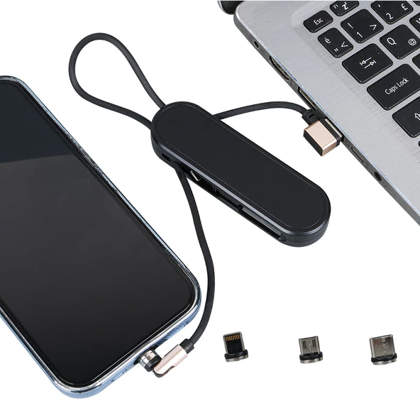 Ayt Powermaster PM-25904 Siyah 3 in 1 Type C- Lightning Micro Usb Manyetik Uç Taşınabilir Şarj Data Kablosu