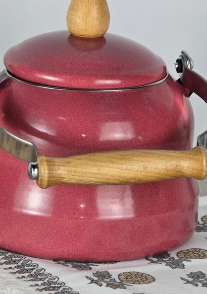 Alev Vintage Demlik - Ahşap Saplı Emaye Çaydanlık, Kettle - 2.5 Litre - 2