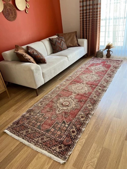 95x314 cm Yumuşak Renkli El Dokuma Eski Türk Yün Yolluk - 2