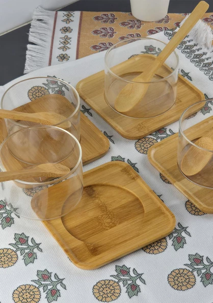 Borosilikat Cam Sufle Seti - Bambu Tabaklı 4lü Kase Takımı - 12 Parça - 250 ML - 2
