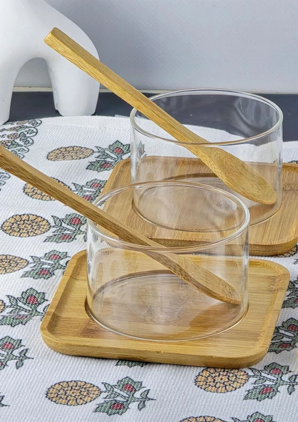 Borosilikat Cam Sufle Seti - Bambu Tabaklı 4lü Kase Takımı - 12 Parça - 250 ML - 3