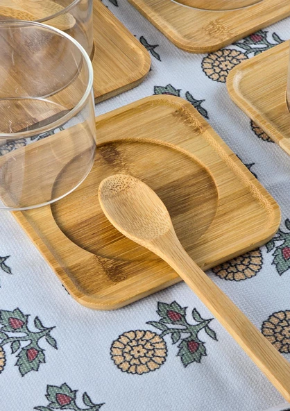 Borosilikat Cam Sufle Seti - Bambu Tabaklı 4lü Kase Takımı - 12 Parça - 250 ML - 4