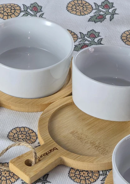3lü Porselen Kahvaltılık Seti - Bambu Altlıklı Tatlı, Kahvaltılık Takımı - 100 ML, 6 Parça - 2