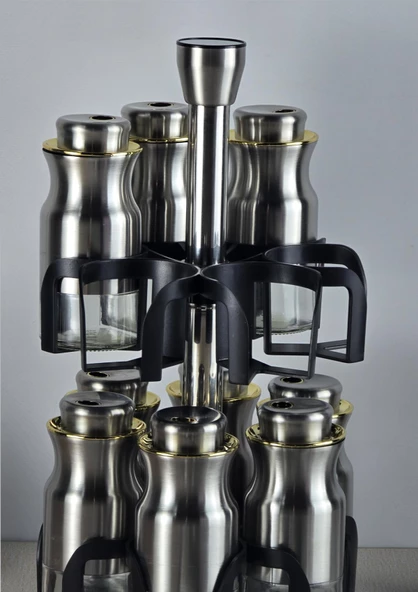 Paslanmaz Çelik Korumalı Baharatlık Takımı - Döner Stantlı Tuzluk Biberlik Seti - 13 Parça - 4