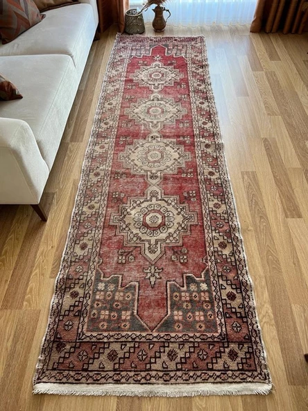 95x314 cm Yumuşak Renkli El Dokuma Eski Türk Yün Yolluk