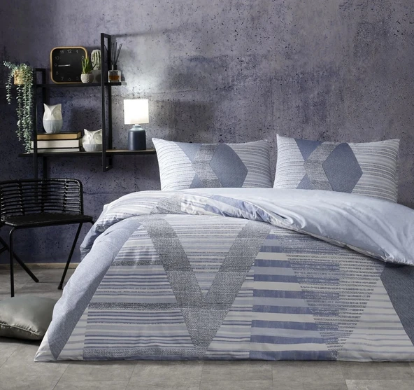 Taç Ranforce Çarşafı Lastikli Tek Kişilik Nevresim Takımı-Lucas Mavi