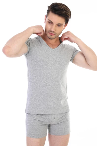 Erkek Elastanlı V Yaka Gri T-shirt 956 - 5