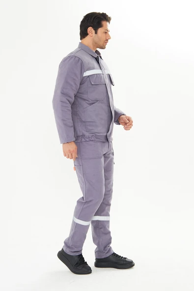 Orange Safety İş Takımı Mont+Pantolon  7/7 Gabardin %100 Pamuk Kapitoneli Reflektörlü Gri - Resim 2