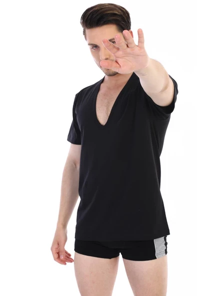 Erkek Derin V Yaka Siyah T-shirt 936 - 2