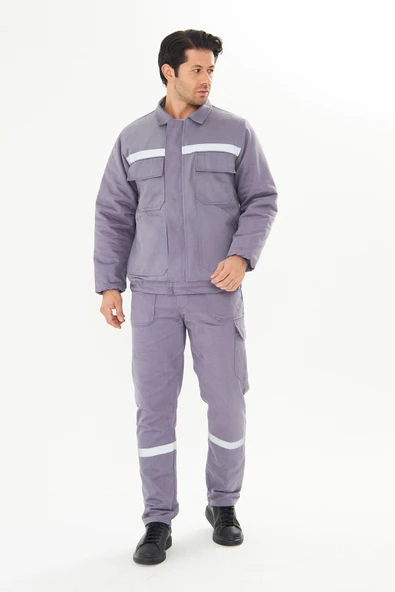 Orange Safety İş Takımı Mont+Pantolon  7/7 Gabardin %100 Pamuk Kapitoneli Reflektörlü Gri ürün görseli