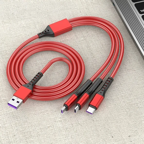 POWERMASTER PM-26336 3IN1 KIRMIZI 1.2 METRE (MICRO USB - LIGHTNING - TYPE C) TELEFON ŞARJ KABLOSU - 3