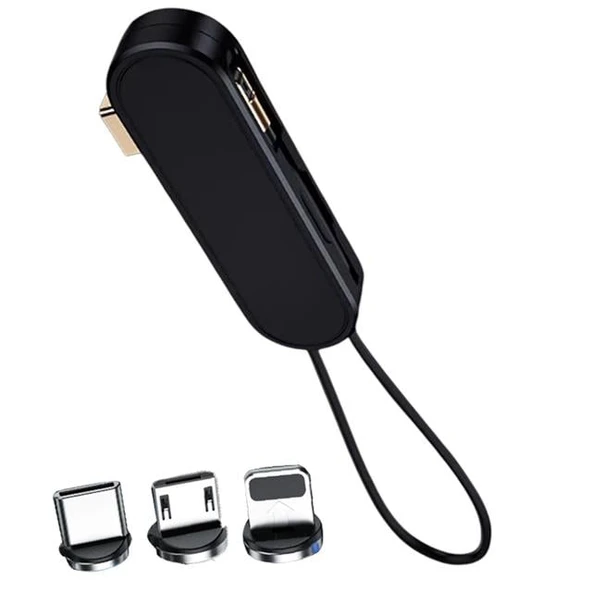 Powermaster PM-25906 Siyah 3İn1  (Type C- Lightning- Micro Usb) Manyetik Uç Taşınabilir Şarj Kablosu - 8
