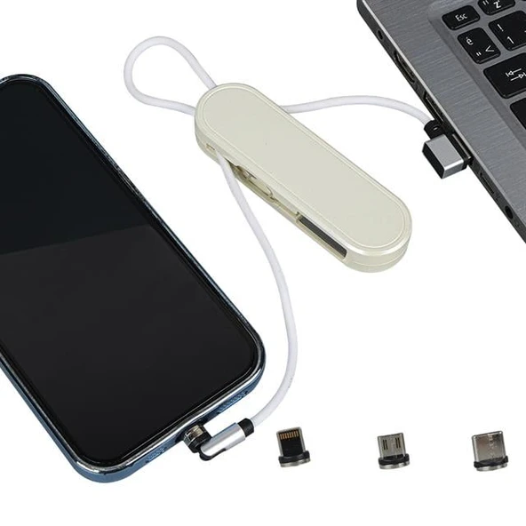Powermaster PM-25905 Beyaz 3İn1 (Type C- Lightning-Micro Usb) Manyetik Uç Taşınabilir Şarj Kablosu - 4