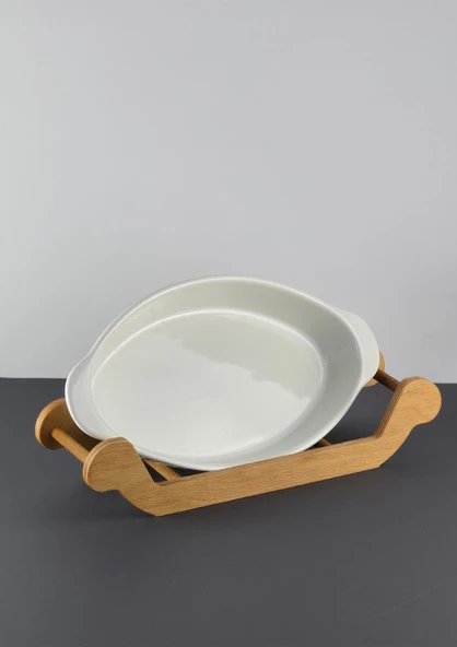 Seramik Fırın Kabı - Ahşap Stantlı Fırın Tabağı - Dikdörtgen - 2