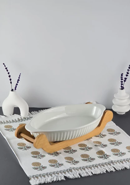 Seramik Fırın Kabı - Ahşap Stantlı Fırın Tabağı - Dikdörtgen