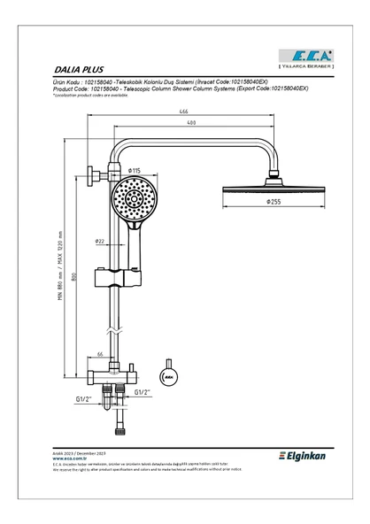 Eca Dalia Plus Teleskobik Kolonlu Tepe Duş Seti 102158040 - Resim 2