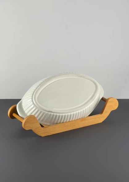Seramik Fırın Kabı - Ahşap Stantlı Fırın Tabağı - Dikdörtgen - 3
