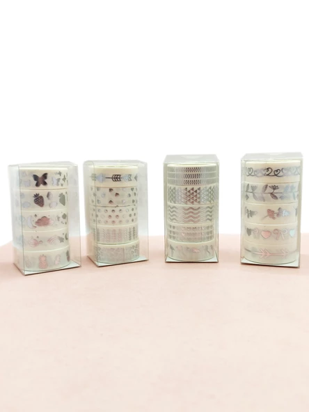 Gümüş Yaldızlı Vintage Washi Tape Bant Yapışkanlı Maskeleme Kağıdı 6 lı - Flamingo - 4