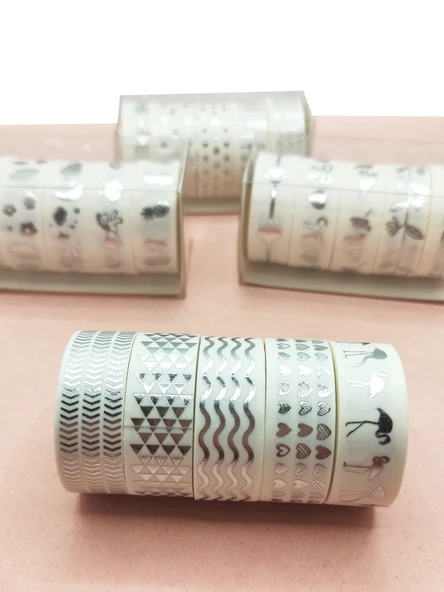 Gümüş Yaldızlı Vintage Washi Tape Bant Yapışkanlı Maskeleme Kağıdı 6 lı - Flamingo