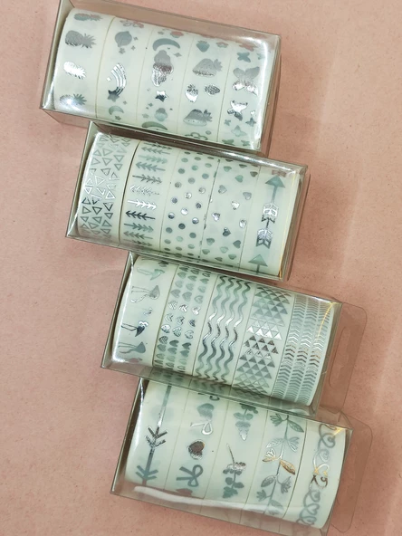 Gümüş Yaldızlı Vintage Washi Tape Bant Yapışkanlı Maskeleme Kağıdı 6 lı - Üçgen Kalp Ok - 3
