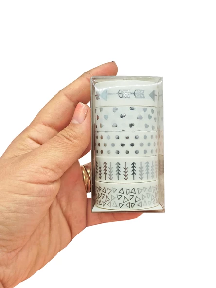 Gümüş Yaldızlı Vintage Washi Tape Bant Yapışkanlı Maskeleme Kağıdı 6 lı - Üçgen Kalp Ok - 2