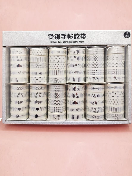 Gümüş Yaldızlı Vintage Washi Tape Bant Yapışkanlı Maskeleme Kağıdı 6 lı - Üçgen Kalp Ok - 5