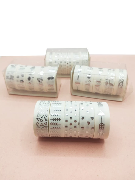Gümüş Yaldızlı Vintage Washi Tape Bant Yapışkanlı Maskeleme Kağıdı 6 lı - Üçgen Kalp Ok