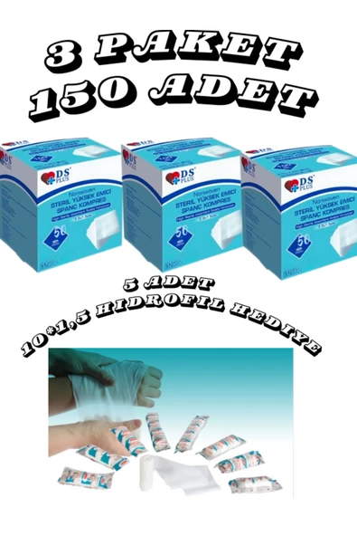 Steril Emici Kompres Gazlı Bez 7,5x7,5cm 150 Adet ( 5 li zarf 30 pk) hidrofil sargı 5 adet