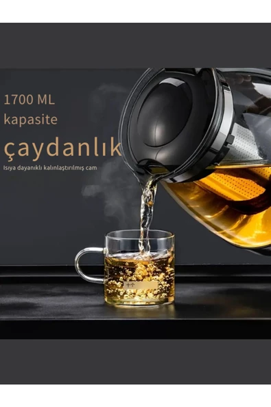 1700 ML Çelik Süzgeçli Siyah Cam Demlik Isıya Dayanıklı Cam Çaydanlık Bitki Çayı Demliği